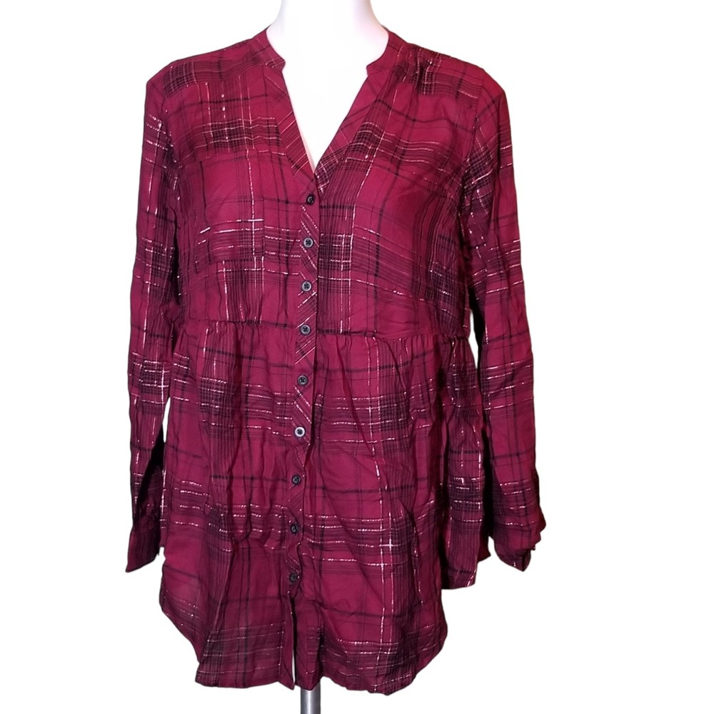 Torrid Womens Emma Plaid Lurex Babydoll Long Sleeve Tunic Blouse Top Red 00 Med